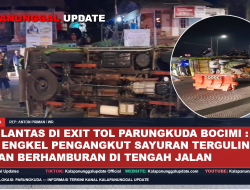 LAKA LANTAS DI EXIT TOL PARUNGKUDA BOCIMI : Truk Engkel Pengangkut Sayuran Terguling, Muatan Berhamburan Di Tengah Jalan